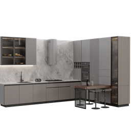 Detailed 3D render of a modern kitchen set with a sliding table, designed in Blender 3.6, available in .blend format.