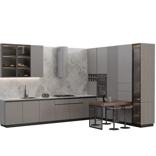 Detailed 3D render of a modern kitchen set with a sliding table, designed in Blender 3.6, available in .blend format.