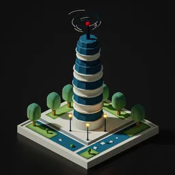 Detailed low-poly 3D anime-style tower model with surrounding accessories for Blender users.