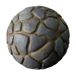 Realistic PBR ground cobblestone texture with scattered leaves, cracks, and dirt, for 3D rendering in Blender.
