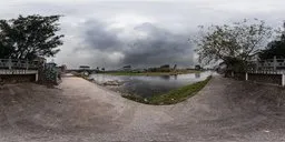 360-degree HDR panorama of a serene water stream with overcast ambiance for realistic lighting in 3D scenes.