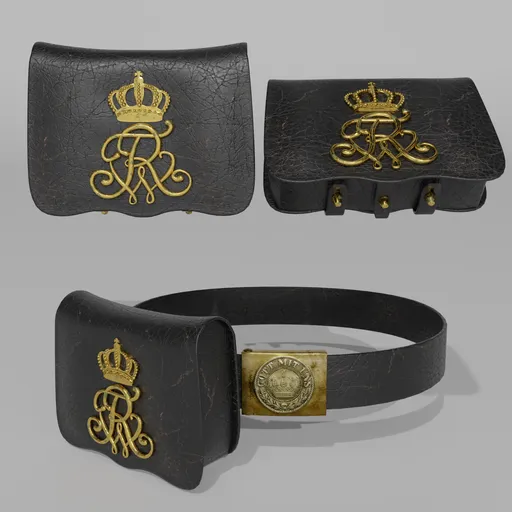 Detailed Prussian 1814 cartridge box and belt buckle 3D model, ideal for historical Blender scenes.