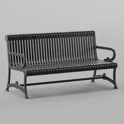 Detailed ribbed steel 3D park bench model, optimized for Blender rendering and design visualizations.