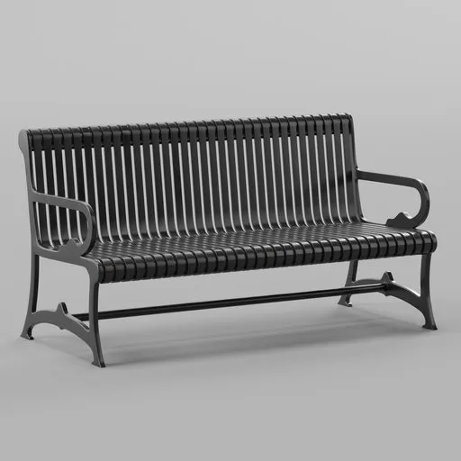 Detailed ribbed steel 3D park bench model, optimized for Blender rendering and design visualizations.