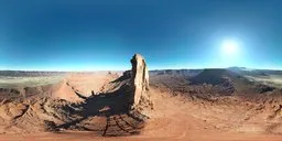 8K desert landscape HDR with vibrant blue sky and towering rock formation for realistic lighting in 3D scenes.