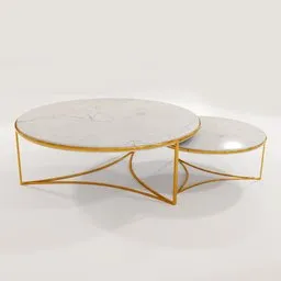 "Rounded center table set in Blender 3D with gold frames and marble material. Unique design by Jean Malouel, featuring perfect topology and polished finish. Ideal for adding elegance to your 3D model scenes, from BlenderKit's table category."