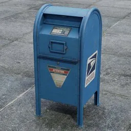 Detailed 3D model of a vintage blue street mailbox, compatible with Blender, representing 1970-2016 US cityscapes.