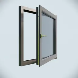 "3D model of a customizable PVC window with a handle, designed in Blender 3D by Fedot Sychkov. Can be animated to open using the Window_Frame empty object. Handle rotates 90 degrees when window is open."