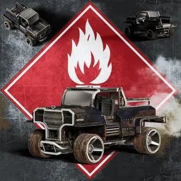 "Dirty Fantastic SUV - Post-Apocalyptic Car Blueprint for Blender 3D. This High-Quality Product Image features a rusty steel truck with a fire sign, red banners, and full-figure poster. Perfect for game icons and visual storytelling."