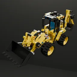 Detailed 3D model of a yellow LEGO construction backhoe loader, designed for Blender rendering and architectural visualization.