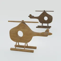 3D-rendered wooden helicopter, optimized for Blender, detailed texture, suitable for digital animation and models.