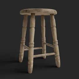 "Game ready wooden stool with vintage style and realistic signs of wear and tear. Lowpoly with baked textures, suitable for Blender 3D. Perfect for American realism style game assets and detailed scenery."