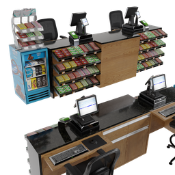 Detailed 3D model of a modern cashier station with POS systems, suitable for Blender rendering and bar scenes.