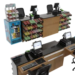 "High-quality 3D model of a cashier for restaurant and bar scenes in Blender 3D. Features a computer desk with a monitor and keyboard, along with stanchions and a photorealistic interior. Perfect for adding a realistic touch to convenience store or customer settings."