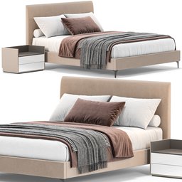 "Get the 3D model for Bed West Elm Andes with a nightstand and blanket, in Blender format for Cycles rendering. The symmetric body shape with a light grey crown and varied textures is perfect for realistic physical based rendering. Dimensions of 180 x 220 x 115 H, with 410,159 polys and unwarping available for easy use. "