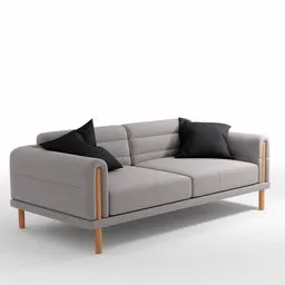 Detailed 3D model of a contemporary grey fabric sofa with cushions for Blender rendering.