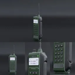 "Green Military Dual Band Radio 3D model for Blender 3D - detailed radio equipment with antenna, ideal for carrying survival gear. Perfect for DCS World Falcon BMS, Octane Render, and Disco Elysium concept art."