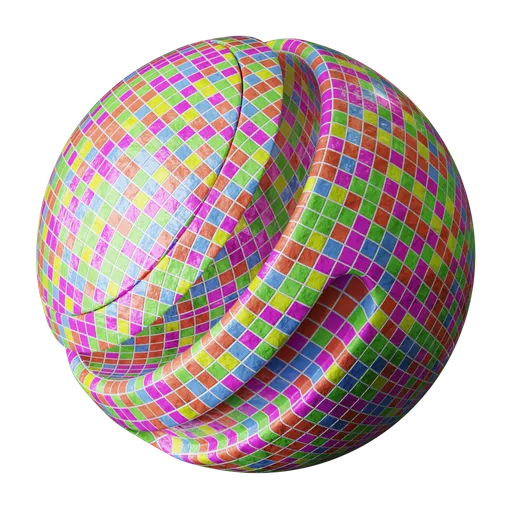 Vibrant procedural PBR texture of Rainbow Square Tiles for 3D materials, with adjustable reflection, roughness, and bump parameters.
