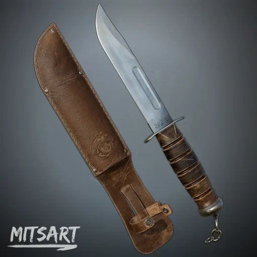 Highly detailed Kabar military knife 3D model with leather sheath, 4K textures created in Substance Painter, ideal for Blender 3D projects.