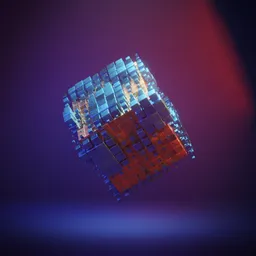 Vibrant cubical 3D model with reflective surfaces, dynamic lighting, created in Blender.