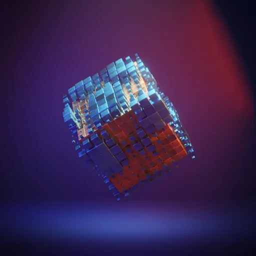 Vibrant cubical 3D model with reflective surfaces, dynamic lighting, created in Blender.
