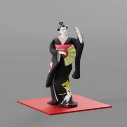 "Kyoto-inspired Maiko dance doll 3D model created in Blender 3D software. This exquisite sculpture depicts a woman in a kimono dress holding a fan, reminiscent of traditional Japanese culture. Perfect for those seeking a unique and artistic addition to their 3D animation projects."