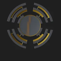 "Decorative mirror for interior design with golden and black leather, inspired by Eden Box. Features metallic arrows, faint atmospheric lighting, ancient keys, and a traidic color scheme in Blender 3D."