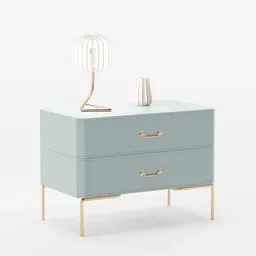 Modern blue 3D model nightstand with gold accents and lamp for interior design, rendered in Blender.