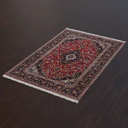 "Persian carpet (Kashan) 3D model for Blender 3D featuring PBR materials, a red brown and blue color scheme, and a rigged design in a traditional Persian folklore artstyle. Designed with an arafed area rug on a wooden floor, perfect for game design and UE marketplace use. Particle system can be adjusted for optimal efficiency."