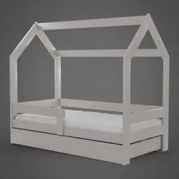 "White Children's Cottage Bed with Accent Lighting and 3D Rendering, Inspired by Carl Eugen Keel's Designs and Featured in a Garden Setting. Blender 3D Model for Product Catalogues and Official Images."