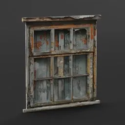 Detailed 3D model of a dilapidated wooden window with weathered paint and textures, suitable for Blender rendering.