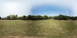 Panoramic view of a bright grassy landscape with trees under a clear blue sky, perfect for scene lighting.