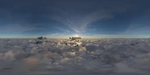 Aerial view HDR of sun peaking above clouds with mountain scenery, ideal for realistic environmental lighting.