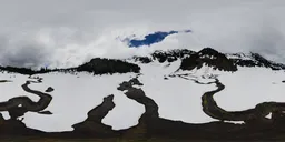 360-degree HDR panorama of snowy Canadian mountains with overcast sky for scene lighting.