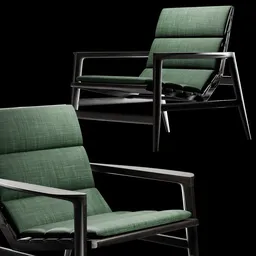 Detailed 3D model of modern green cushioned lounge chair with metal frame, suitable for Blender rendering.