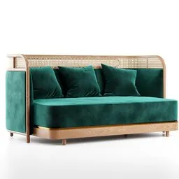 Here's a possible alt text:
"Indochine Sofa: green velvet couch with rattan and wooden details. Blender 3D model by Chaumet, 2019. Comes with pillows and glass/metal accessories."