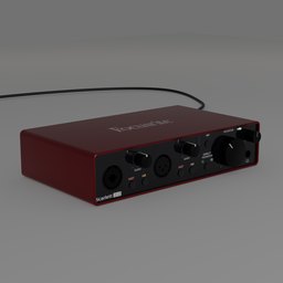 "Focusrite Scarlett 2i2 audio interface 3D model rendered in Blender. Realistic 3D style with red and black design and accompanying cord. Perfect for music production and recording settings."