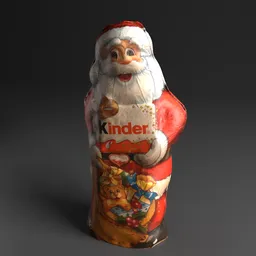 "Photorealistic chocolate Santa Claus figurine holding a Kinder bag, perfect for sweet dessert and holiday-themed 3D modeling projects in Blender 3D. Photoscan and baked normals ensure high-quality textures and lifelike details. Created by Raphaël Collin and Jenő Gyárfás, with foil effect and candy treatments for added realism."
