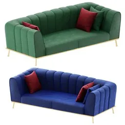 "Upgrade your living room with this modern velvet upholstered green sofa on gold metal legs by Muqi. Featuring vertical channel tufting and high-resiliency foam for comfortable seating, this high-polygon 3D model is perfect for your Blender 3D design projects."