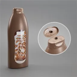 "Cream shower gel in a bottle with opening cap, designed for label replacement in Blender 3D. This 3D model features a well-contoured smooth fair skin texture, bronze headset, and a plastic wrap, showcasing its realistic details and functionality. Perfect for product design rendering and visualization in the utility category."