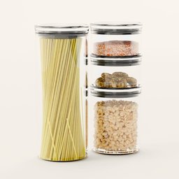 "Hermetic jar set with pasta, himalayan salt, cookies and peanuts - BlenderKit 3D Model in the container category. Rendered with Octane and designed with high resolution and grain effect."