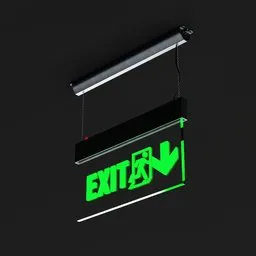 "3D model of a ceiling mounted exit sign with a neon sign on a black background. The render features dramatic green lighting, thick squares, large arrows, and a clean design. Perfect for Blender 3D users looking for an accurate and high-quality exit sign model."
