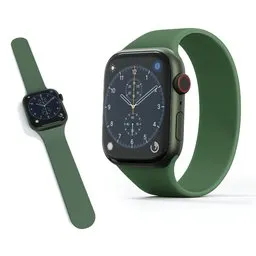 "Apple Watch Series 7 3D model for Blender 3D - featuring a green watch with two bands, including a stylish mesh design. This smart watch showcases a unique combination of military and nature-inspired elements, with its dark green color and soldier outfit aesthetic. Perfect for trendy 3D creations in the smart watch category."