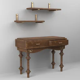 Detailed vintage-style 3D wooden table and shelves with gold textured details, ideal for Blender environmental design.