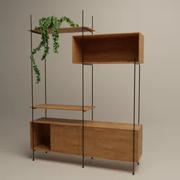 Wooden 3D shelf model with hanging plant, designed in Blender for interior renderings.