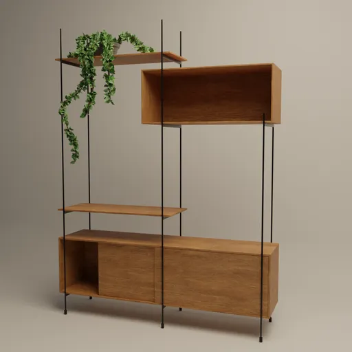Wooden 3D shelf model with hanging plant, designed in Blender for interior renderings.