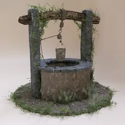 "Rural-style, stone and wood water well 3D model, perfect for Blender 3D. Includes a well with a bucket and hose, adorned with detailed textures and high-quality rendering. Compatible with popular Blender plugins like Bagapie and GScatter for customizable vegetation. Ideal for adding a touch of countryside charm to your 3D scenes."