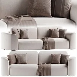 "Divan by SPACE HAPPY LIGHT Sofa 3D Model for Blender 3D - Brown and white sofa with pillows and blanket. Aliased with multiple illusory arms. Dynamic comparison with muted colors."