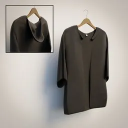 Detailed Blender 3D model of a realistic dark jacket on a coat hanger for cloth decoration.