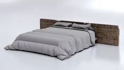 Detailed 3D model of a gray plush duvet and pillows on a bed with a wooden headboard, created in Blender.